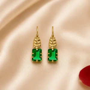 14K- Rectangular Cz drop leaf wire earrings